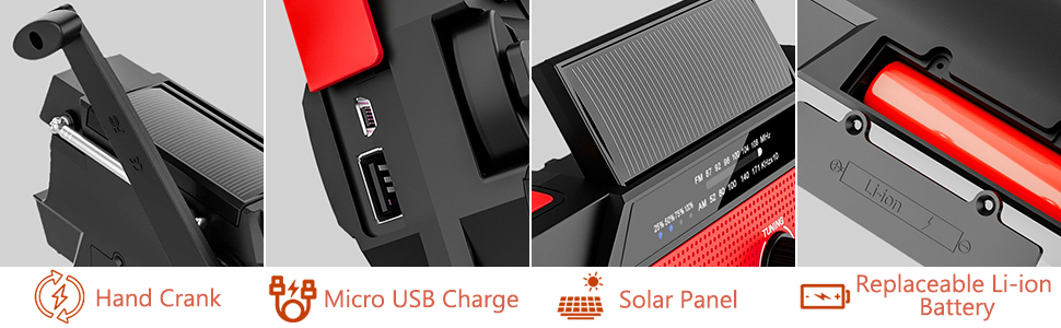 Сонячне радіо YIKANWEN: AM/FM, USB, ручне заряджання, 4000mAh, для кемпінгу та подорожей (червоне)