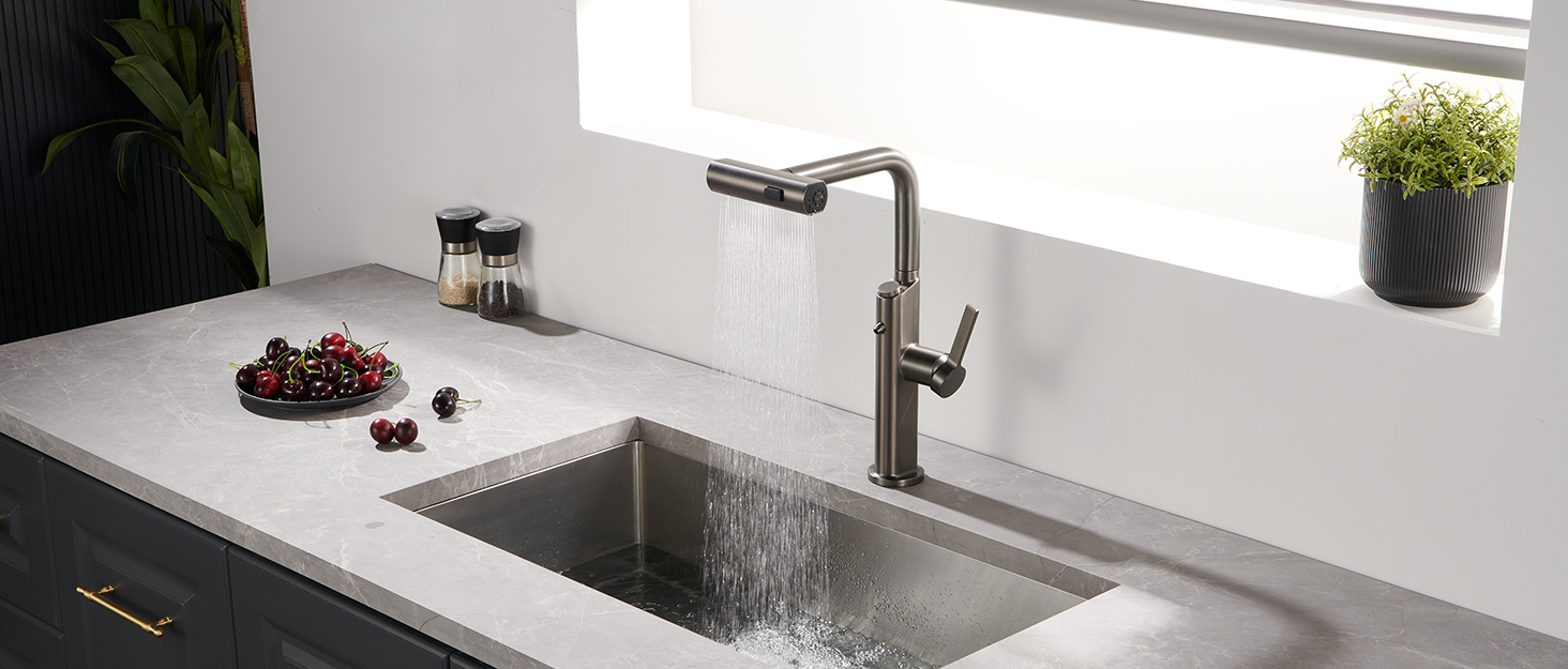 Чорний кухонний змішувач з висувною лійкою, 3 режими, LED-індикатор температури, поворотний на 360°, для високого тиску, регульована висота