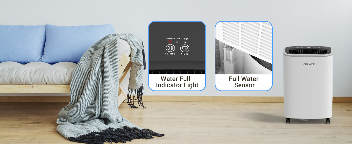 Електричний осушувач повітря COLAZE 12л/24г з автоматичною відтайкою, датчиком рівня води та низьким рівнем шуму (36дБ) для квартири, підвалу (повітряний вихід зверху)