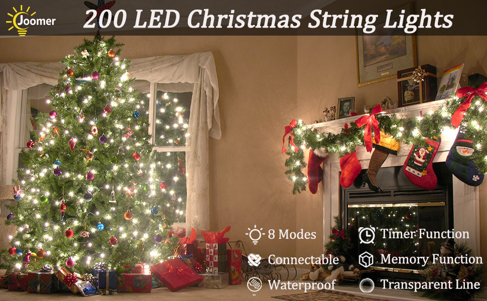 Ланцюжок прикрас Joomer 200 LED, 20 м, на батарейках з таймером, 8 режимів, вологостійкий, тепле біле світло, для декору саду, вечірки, весілля, внутрішнього та зовнішнього використання