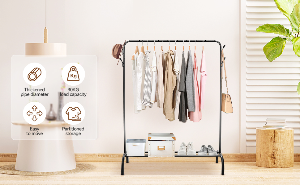 Стійка для одягу на підлозі, чорна, з полицею для взуття та нижньою полицею, металева, для спальні