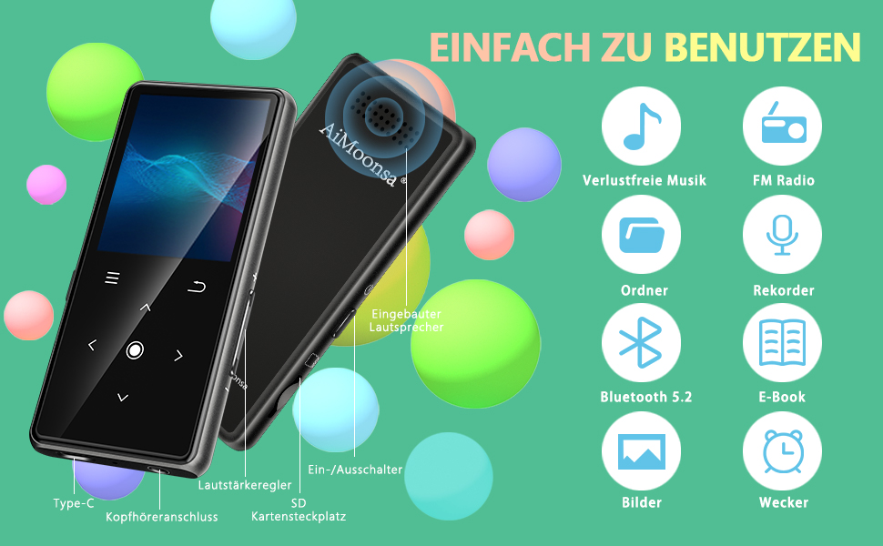 MP3-плеєр AiMoonsa 64GB з Bluetooth 5.2, FM-радіо, HiFi-звук, E-Book, вбудований HD-динамік та функцією запису голосу, чорний