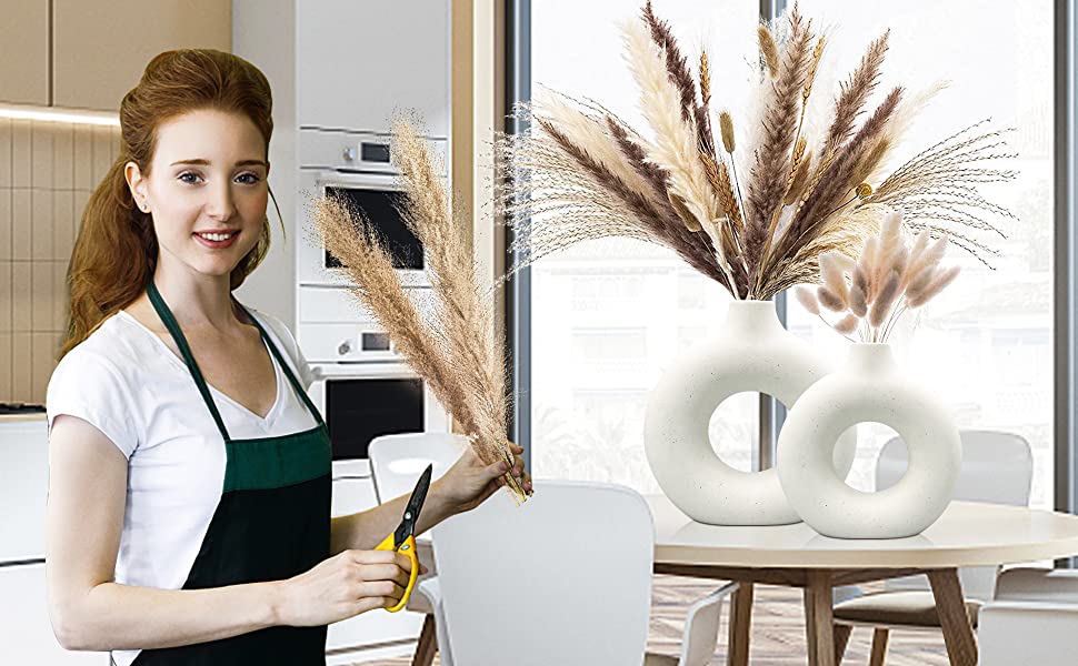 Набір ваз для квітів - 2 шт. з кераміки для декору оселі, сухоцвітів, Pampas Grass, подарунок. Маленькі та середні вази білого кольору