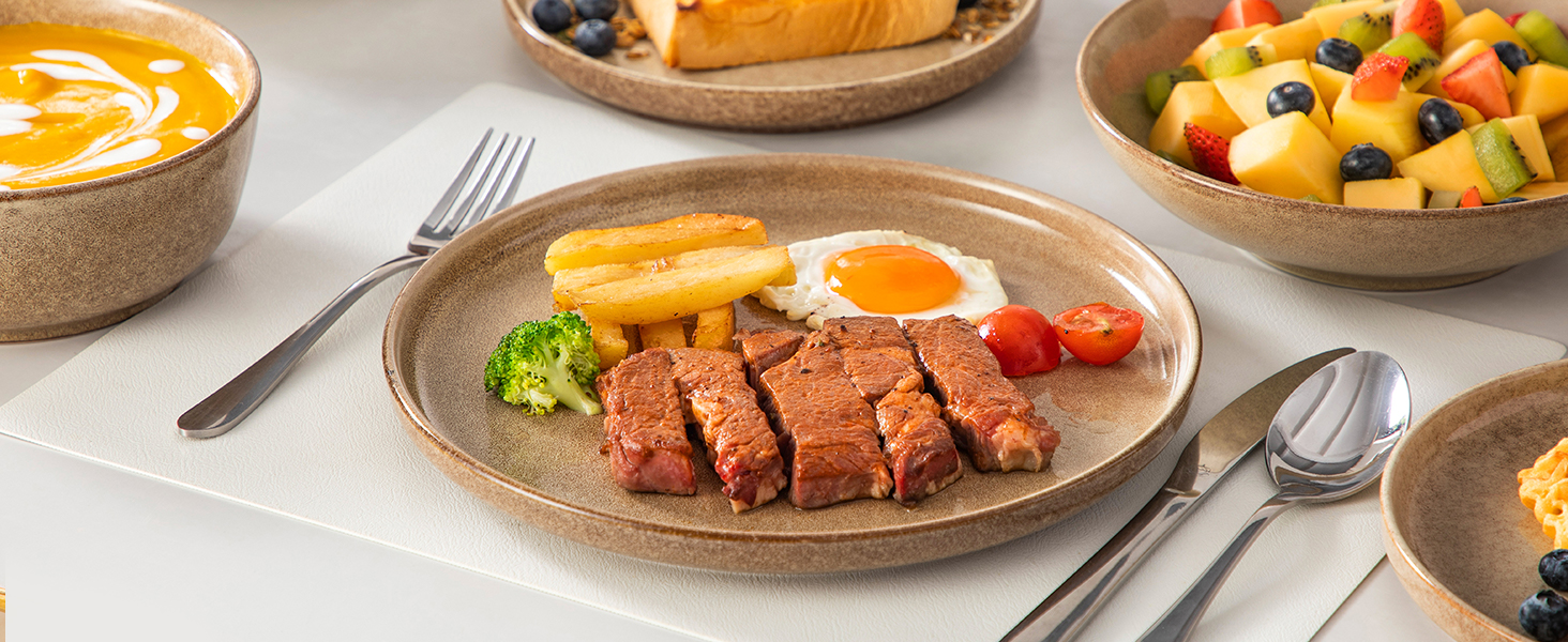 Набір посуду Steingut vancasso ANYA (48 предметів) - 48-місний сервіз з тарілок, десертних тарілок та мисок, карамелевого кольору, сумісний з мийкою та мікрохвильовою піччю