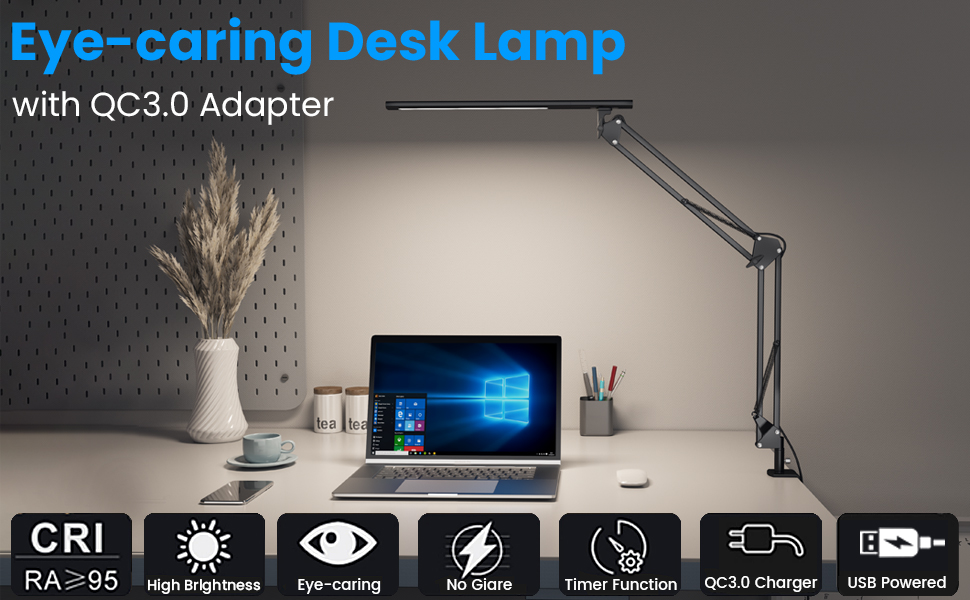 Світлодіодна лампа для робочого столу, кріпиться на край столу, архітектурна лампа з адаптером QC3.0, лінза Френеля, чорна