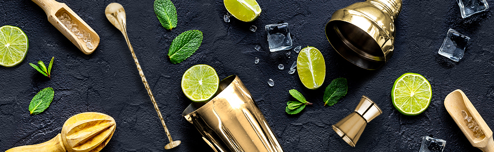 Набір шейкер для коктейлів 750 мл: професійний барний аксесуар з вбудованим ситом, мірний стаканчик та барна ложка. Ідеально для Мартіні, Маргарити та коктейлів (золотий)