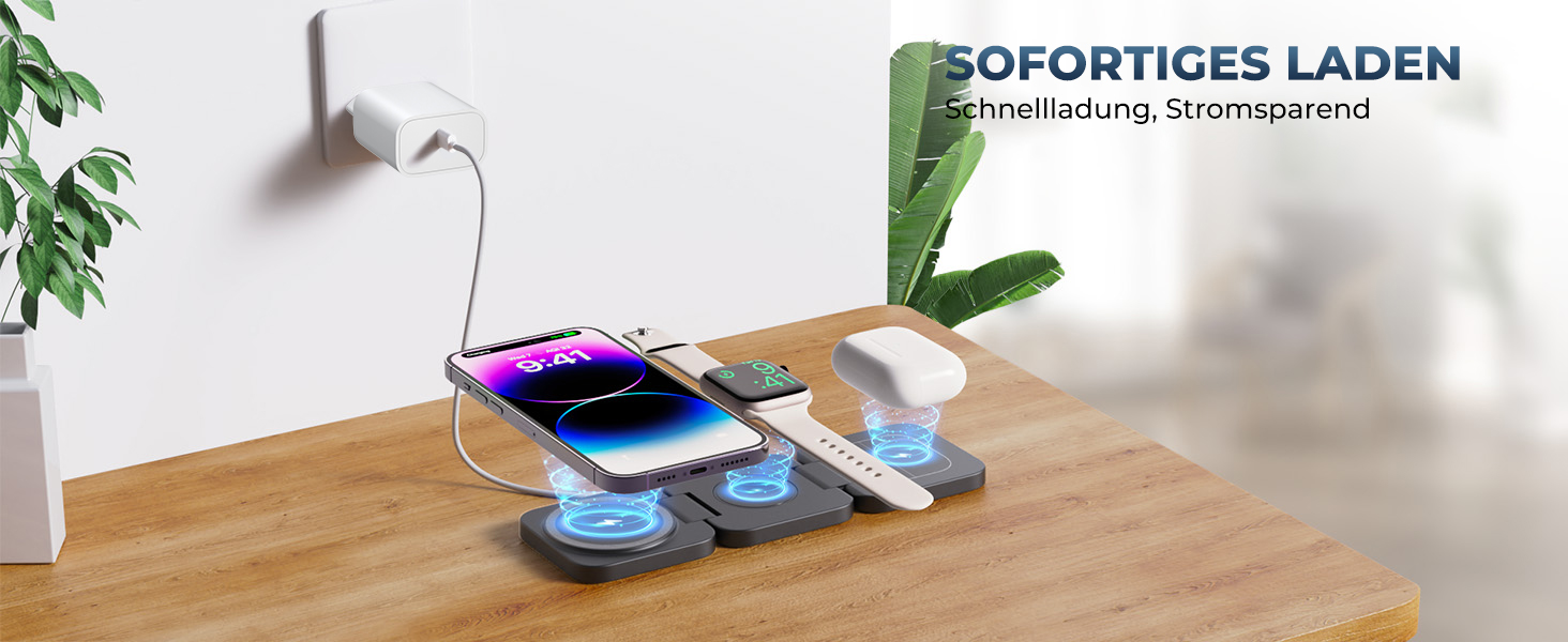 Зарядна станція KU XIU X55 15W MagSafe 3-в-1: для Apple Watch, iPhone 17-12, AirPods + USB-C 30W адаптер, сіра, складана, магнітна