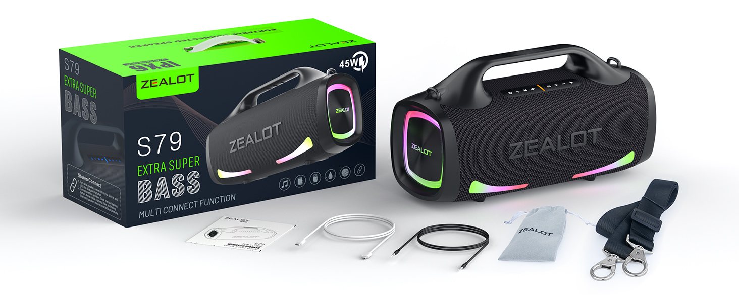 ZEALOT Bluetooth колонка 100W, XBass, Bluetooth 5.2, USB-C, 24000mAh, IPX6 водонепроникна, для кемпінгу, пляжу, басейну, саду - Чорна