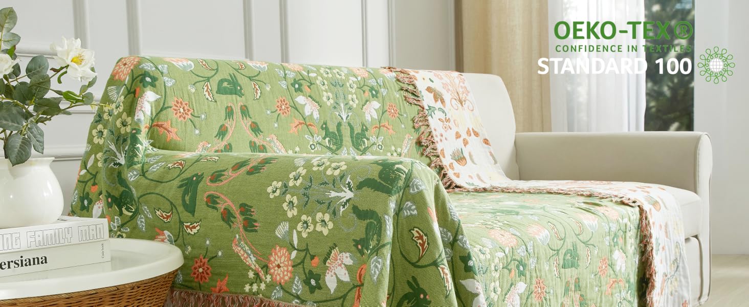 Покривало Bailix Premium Boho з 100% бавовни муслін, двосторонній плед з китицями для дивана та ліжка, 200x230 см, колір волого-зелений