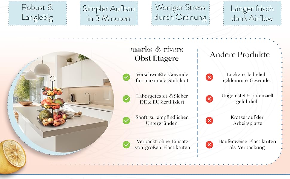 Стійка для фруктів Marks & Rivers 3 яруси XL | Металева фруктова стійка з 3 ярусами чорного кольору для елегантного зберігання у кухні та вітальні