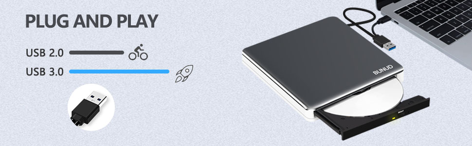 Зовнішній CD/DVD привід BUNUD USB 3.0 та Type-C, портативний DVD-брунер з картридером SD/TF та 2 USB-портами для ноутбука, PC, iMac, Windows та macOS, сіро-білий