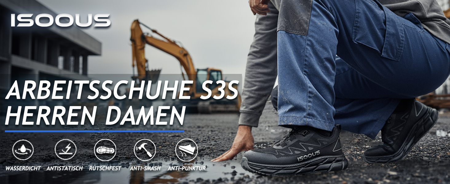 Черевики робочі чоловічі ISOOUS S3S, водонепроникні, ESD, з неслизькою підошвою, зручні, зі сталевим підноском, 43 EU, чорний/сірий