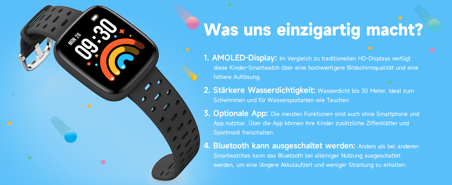 Смарт-годинник BIGGERFIVE для дітей з/без додатку, 1.8' фітнес-годинник, крокомір, пульсометр 24/7, будильник, водонепроникність 30м, монітор сну, пазли-ігри, 100+ циферблати для дівчаток, хлопчиків, підлітків 5–16, чорний