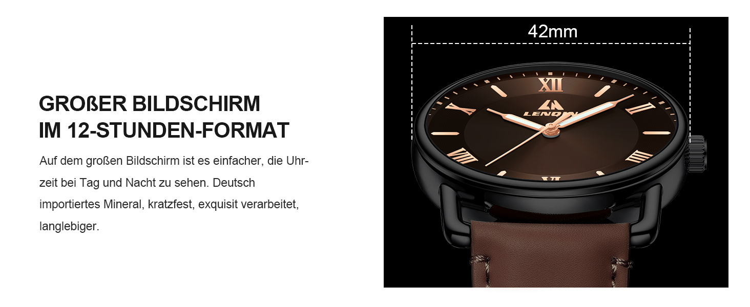 Чоловічий годинник LN LENQIN: аналоговий кварцовий годинник для чоловіків, водостійкий (30м), шкіряний ремінець, чорний/коричневий, бізнес-стиль