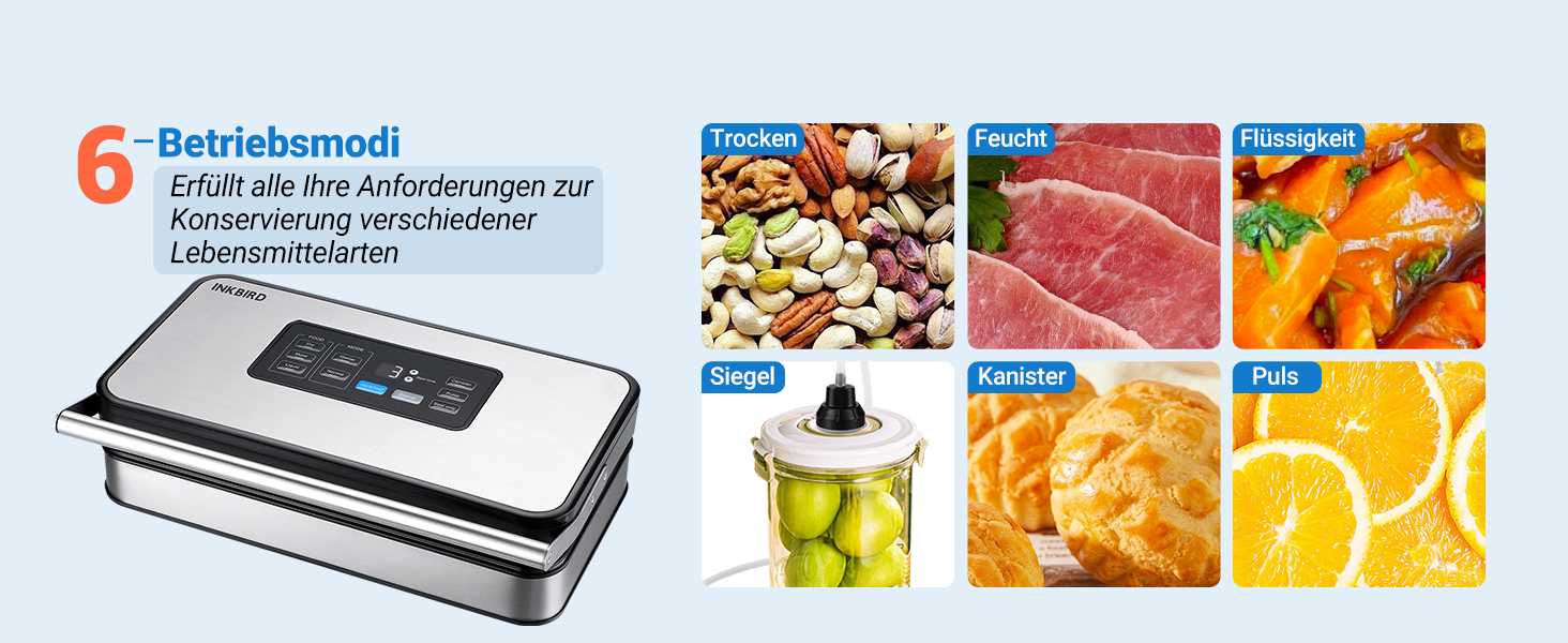Вакуумний пакувальник INKBIRD для продуктів харчування з режимами сушіння, вологого та рідинного пакування, подвійна помпа, 20 л/хв, тихий, вбудований різак, ролики та пакети в комплекті (сірий)