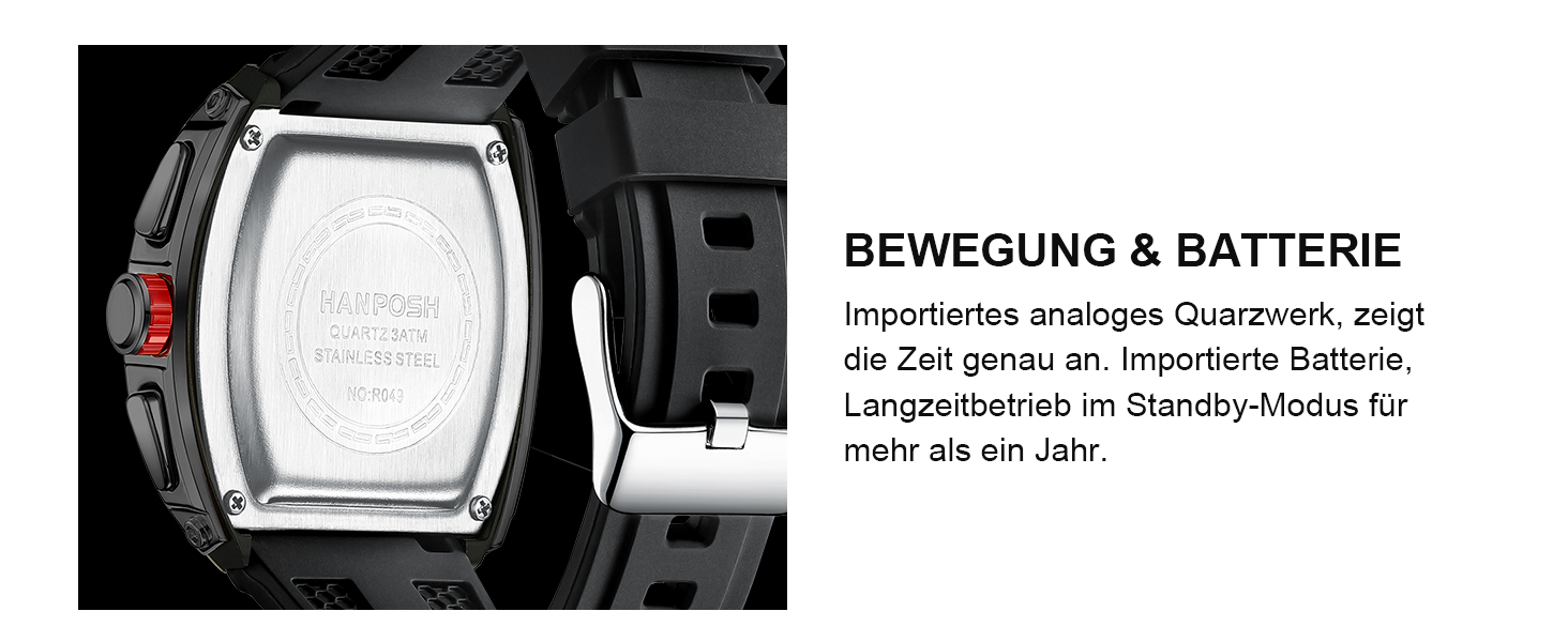 HANPOSH Чоловічий годинник: аналоговий кварцовий годинник з водозахистом, спортивний стиль, тактичний дизайн (чорний)