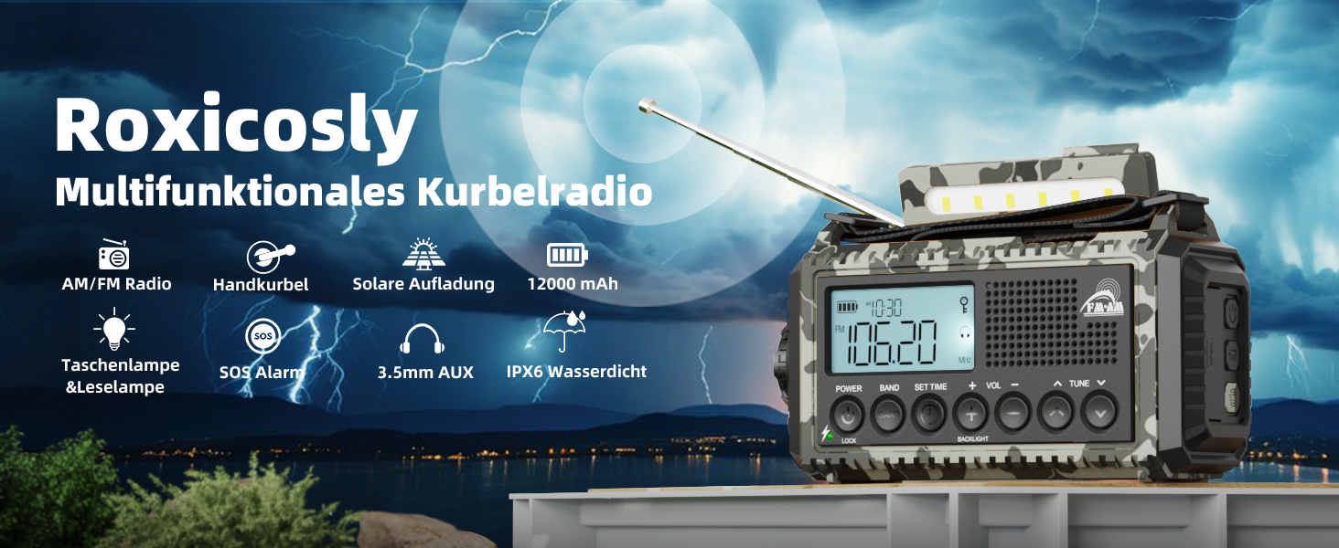 Радіо Roxicosly з ручним приводом, аварійне радіо з Power Bank, AM/FM/SW радіо, радіо з ручним приводом та 5 функціями, світовий приймач, ліхтарик та зарядний пристрій, для відпочинку на природі, кемпінгу та походів (Сірий камуфляж, 12000mAh)