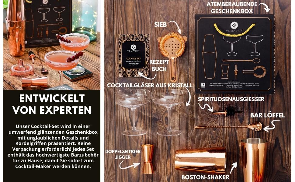 Набір для коктейлів з шейкером та 2 бокали Мартіні, рожеве золото, аксесуари для бармена, подарункова коробка з рецептами