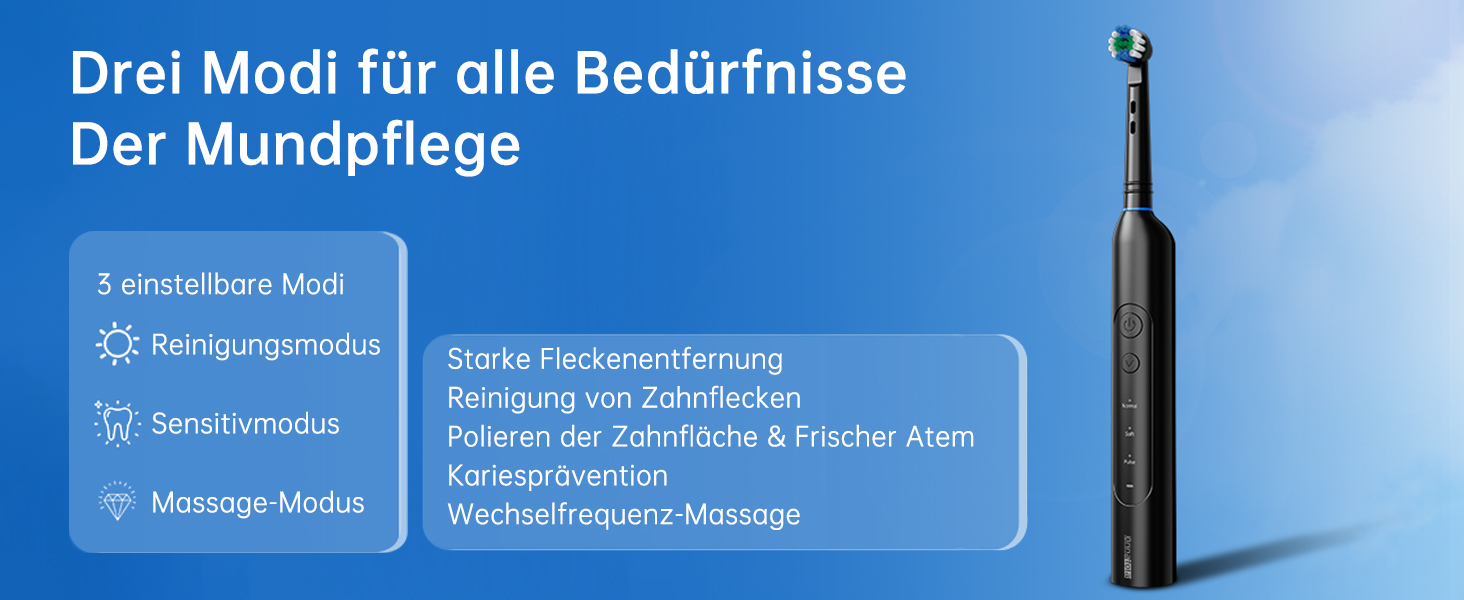 Електрична зубна щітка Rotierende для дорослих з 8 насадками, 3 режимами чищення, акумулятором до 50 днів та Smart-таймером 2 хв - Чорна