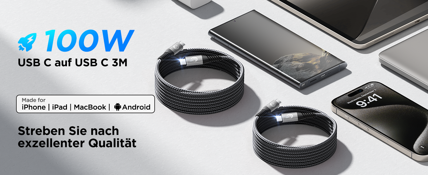 Кабель USB-C на USB-C 100W, 3M+3M, 2 шт., Nylon, PD 3.0, для iPhone, Samsung, iPad, MacBook, Pixel, Switch