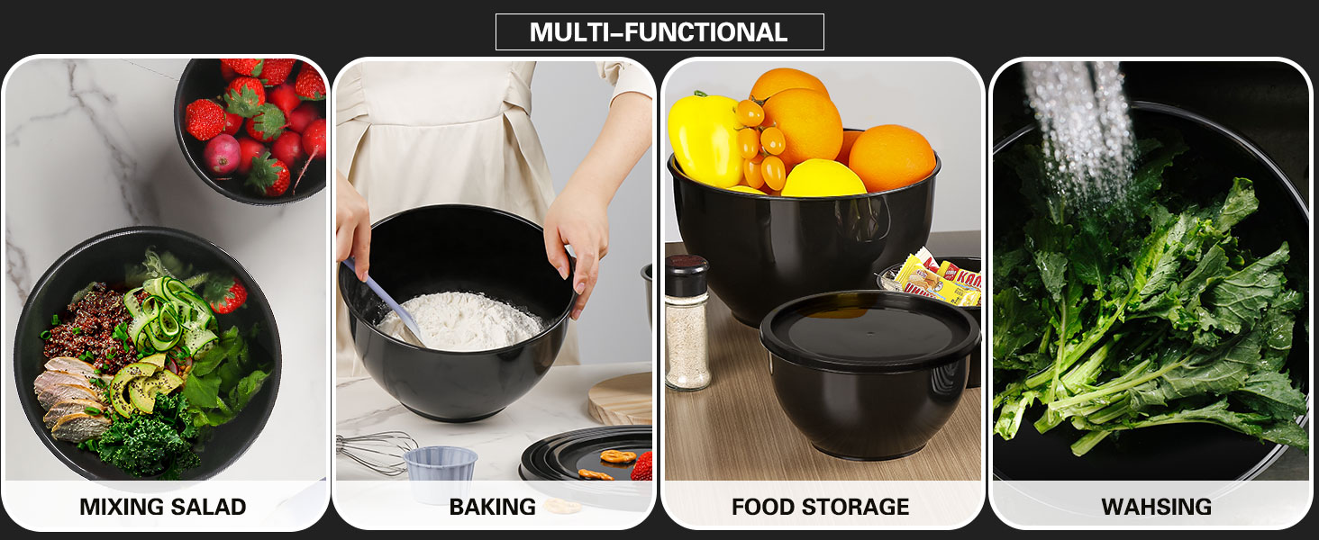 Набір салатниць з кришкою Greentainer, 10 шт. - пластикові миски для кухні, великий набір для змішування та сервірування, чорний