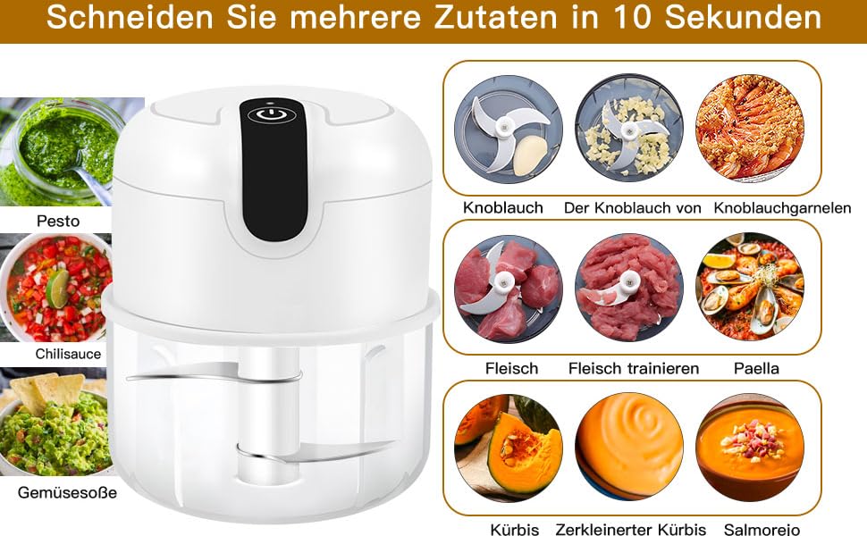 Електричний міні-подрібнювач EasySpeed Zerkleinerer: 250 мл, для м'яса, овочів, дитячого харчування, кемпінгу, USB-C зарядка, білий