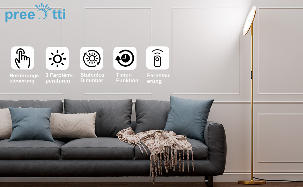 LED торшер PreeOtti для вітальні з димуванням, стельовий світильник LED з дистанційним керуванням та сенсорним, 36W, 3 колірні температури, регулювання, чорний (B-gold)