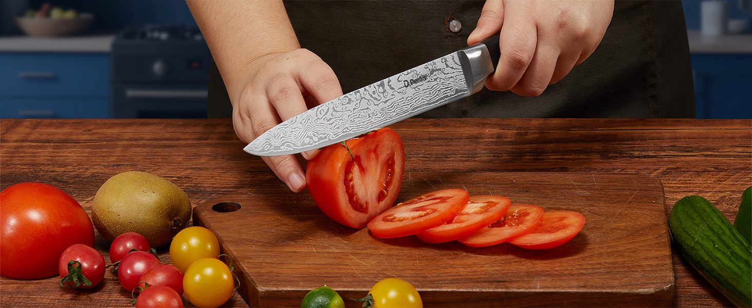 D.Perlla Self-Sharpening Knife Block Set - 14 Piece Stainless Steel Knife Set with Plastic Handle & Wood Block - Professional Kitchen Knife Set