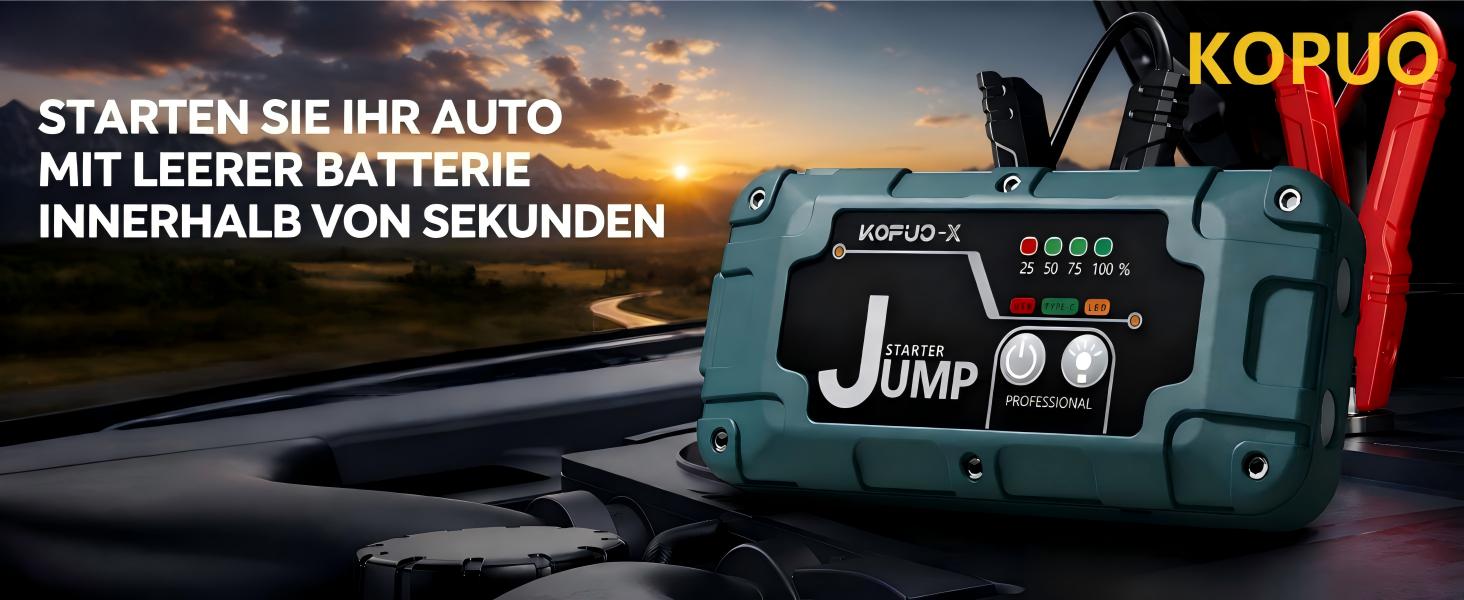 Бустер для автомобіля 7000А Jump Starter Powerbank 12V для бензинових (8л) та дизельних (6.5л) двигунів, пусковий пристрій з LED-ліхтарем та набором аксесуарів, зелений
