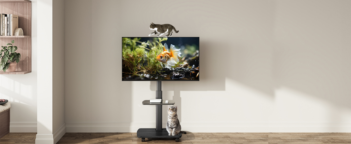 AOKCOS Rolling TV Stand with Wood Shelf - Adjustable Height & Swivel - Fits 32-65 inch TVs (up to 40kg, VESA 400x400mm)