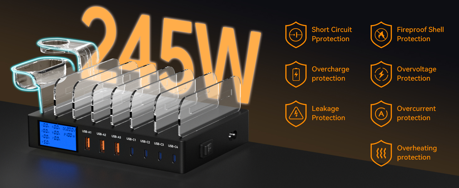 Зарядна станція 245W для декількох пристроїв, 7 портів USB, LCD-дисплей, кабель 7 шт. + тримач для iWatch, для iPhone, планшетів та іншої електроніки - чорна