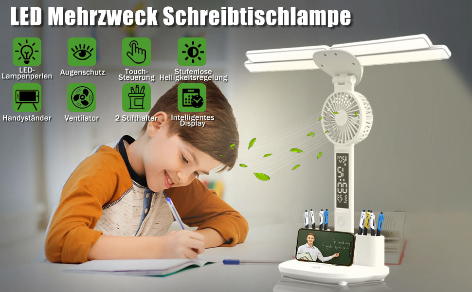 LED-лампа настільна з вентилятором для дітей WLHONG з годинником, тримачем для ручок, календарем та датчиком температури, 3 режими кольору, регульована яскравість, ідеальна для читання