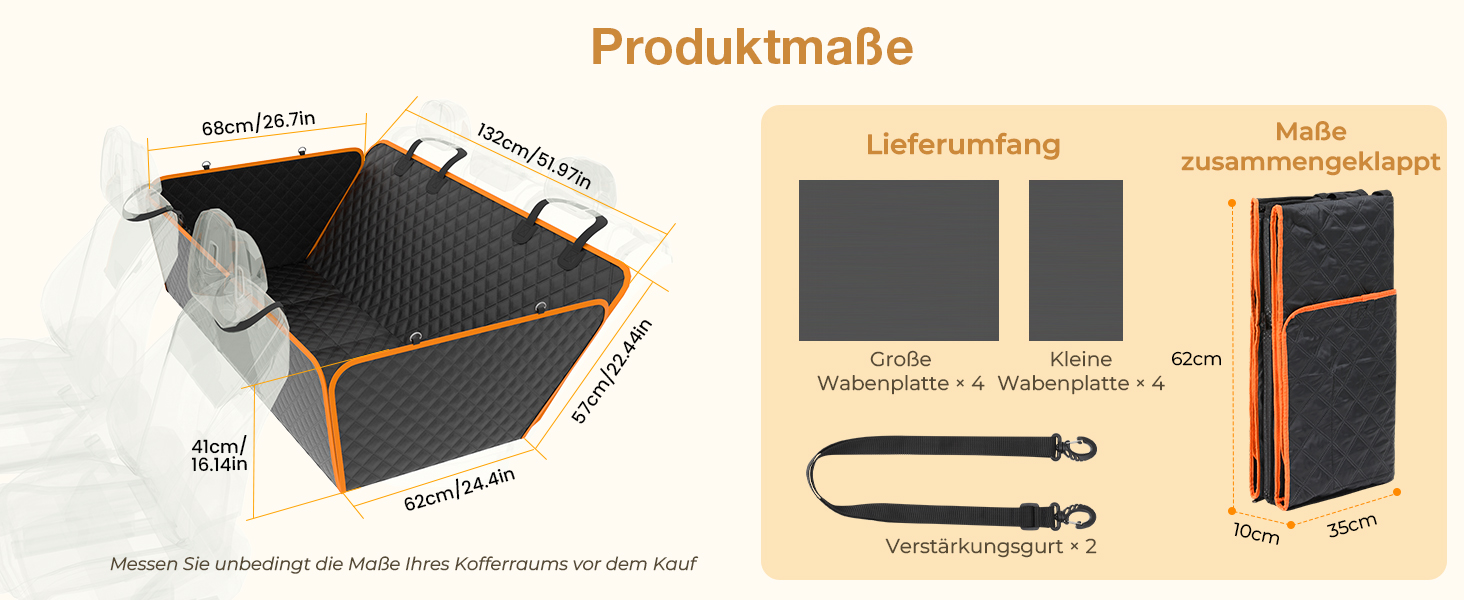 Плед для собак Pecute, захист заднього сидіння авто, підтримка жорстких поверхонь до 150 кг, покриває все заднє сидіння, для подорожей, ветеринара, авто/SUV/пікапи, чорний/оранжевий