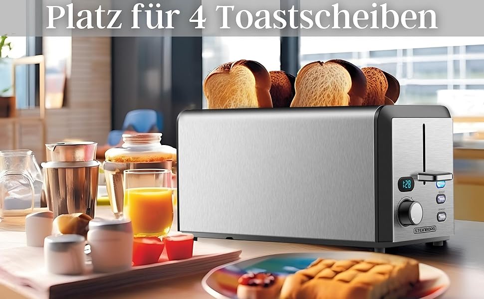 Тостер Langschlitz з 4-ма слотами | XXL, 1500 Вт, регулятор 6-ти рівнів підсмажування, підставка для бургерів, функція розморожування, крихтозбірник, нержавіюча сталь, LED дисплей