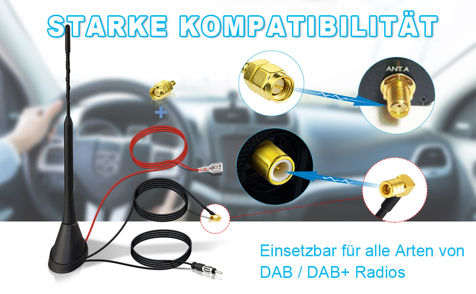 Активна автомобільна антена Eightwood DAB/DAB+, FM/AM, з підсилювачем, дахова, з SMB/SMA штекером і DIN адаптером, сплітер, 5 м кабель
