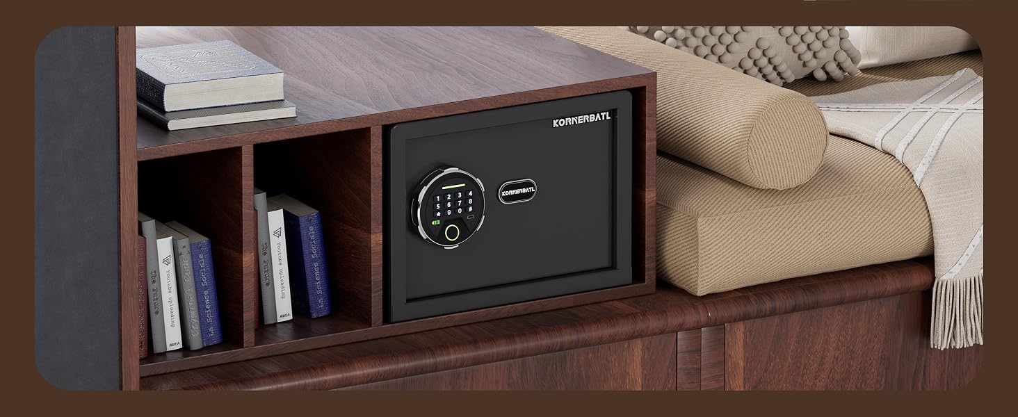 Біометричний сейф KornerBatl 8,5 кг з розблокуванням відбиском пальця та LED-підсвіткою, об'єм 23л, сталева дверцята 42 мм, USB-C живлення