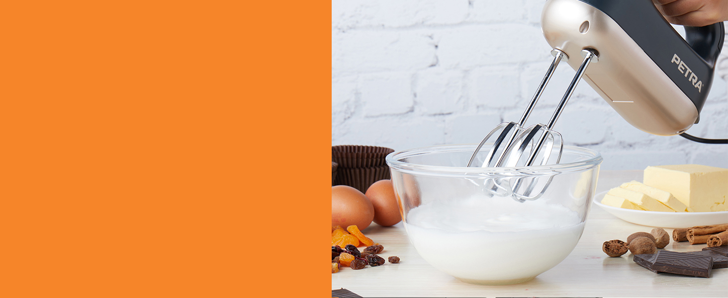 Ручний міксер Petra 300W з 5 швидкостями, турбо-функцією, гачками для тіста та вінчиками, сріблястого кольору