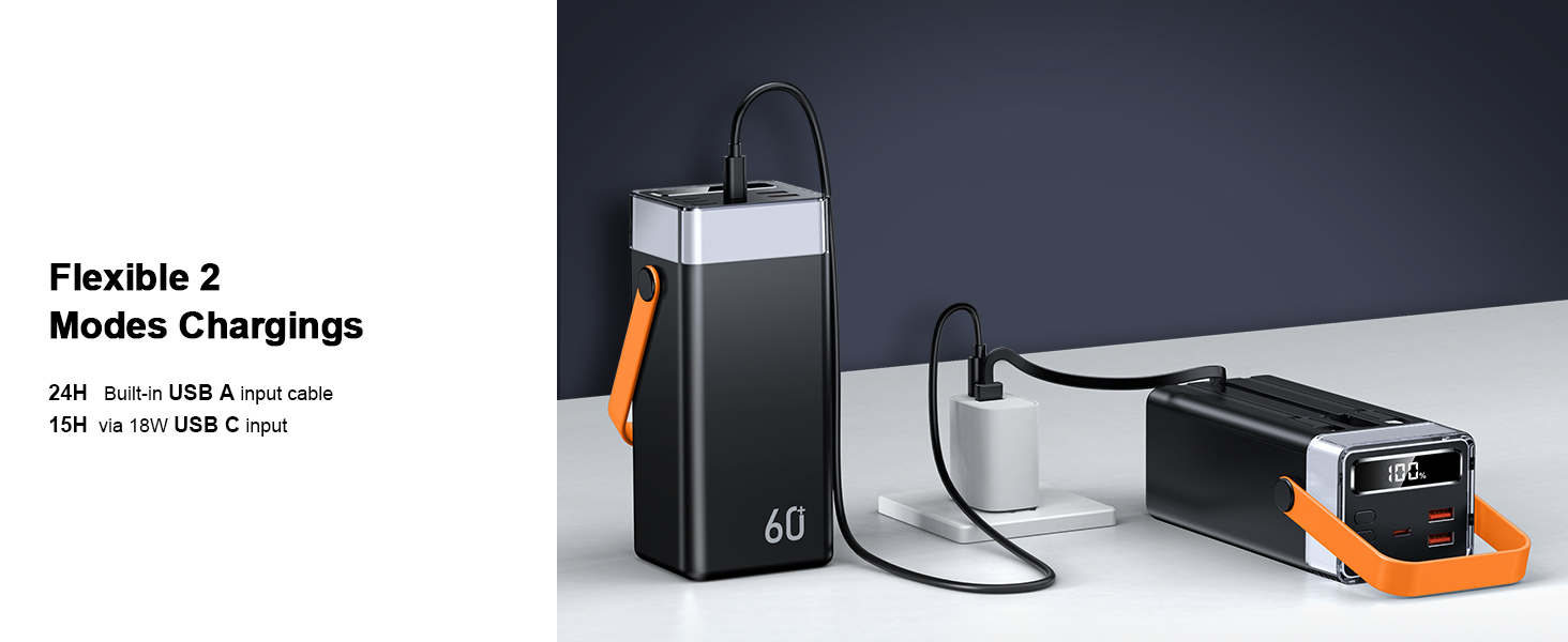 Power Bank 60000mAh 22.5W USB-C: Зовнішній акумулятор з LED-дисплеєм, 3 кабелями, 5 портами, для iPhone, Samsung, Android (Помаранчевий)