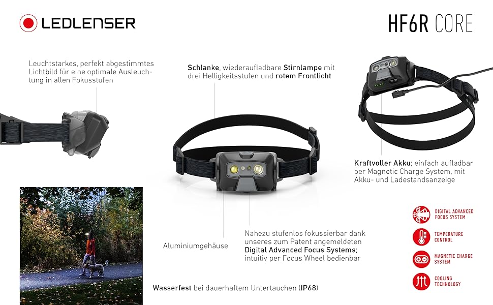 Налобний ліхтар Ledlenser HF6R Core 800 лм, водонепроникний, акумуляторний, червоне світло, для туризму та активного відпочинку