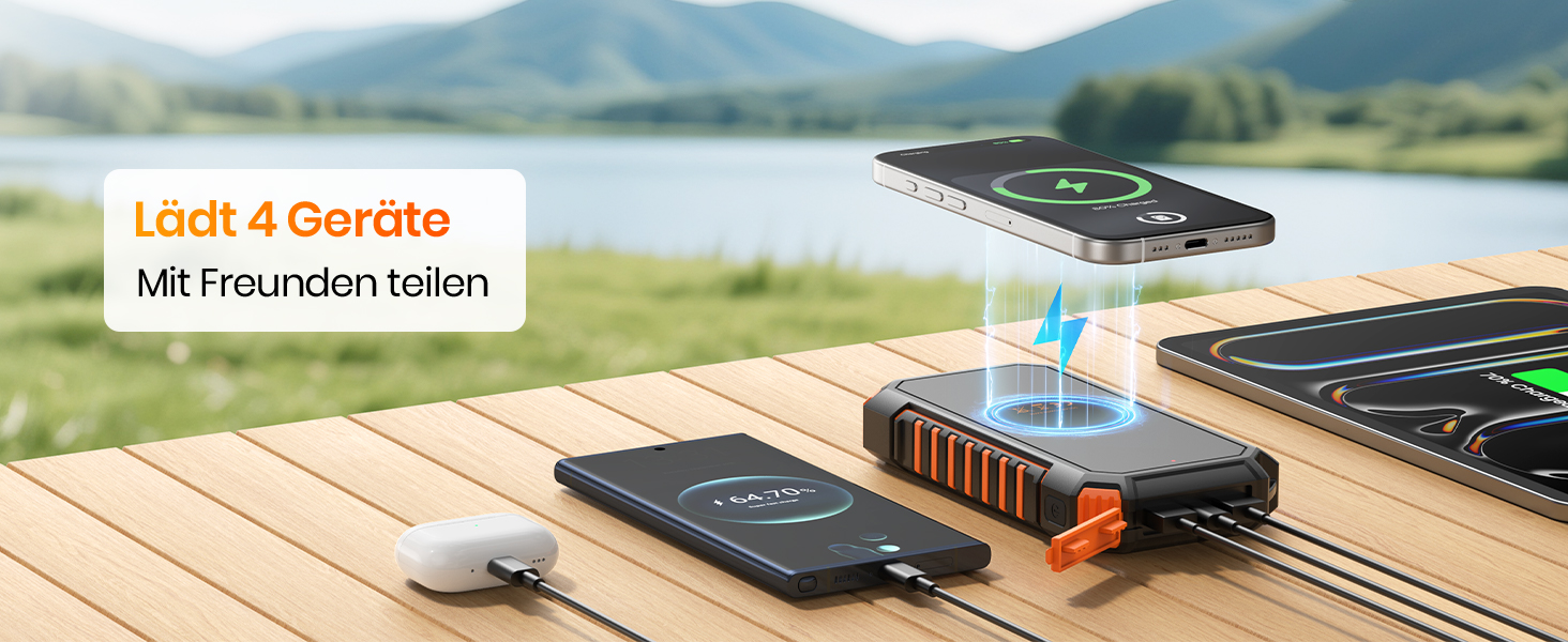 Power Bank ADDTOP 20000mAh сонячна бездротова з USB-C, швидка зарядка 3.0A, ліхтарик для кемпінгу, помаранчевий