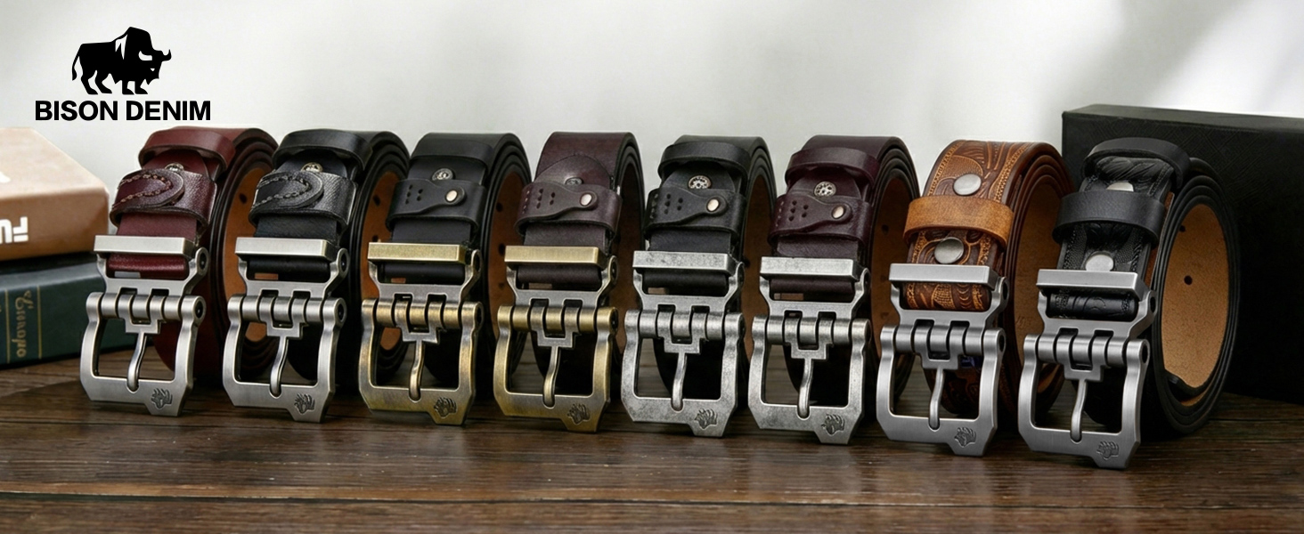 Чоловічий шкіряний ремінь BISON DENIM для джинсів та бізнес-стилю, ретро-дизайн, ширина 38 мм, довжина 130 см, чорний (W71694-2bm-black)