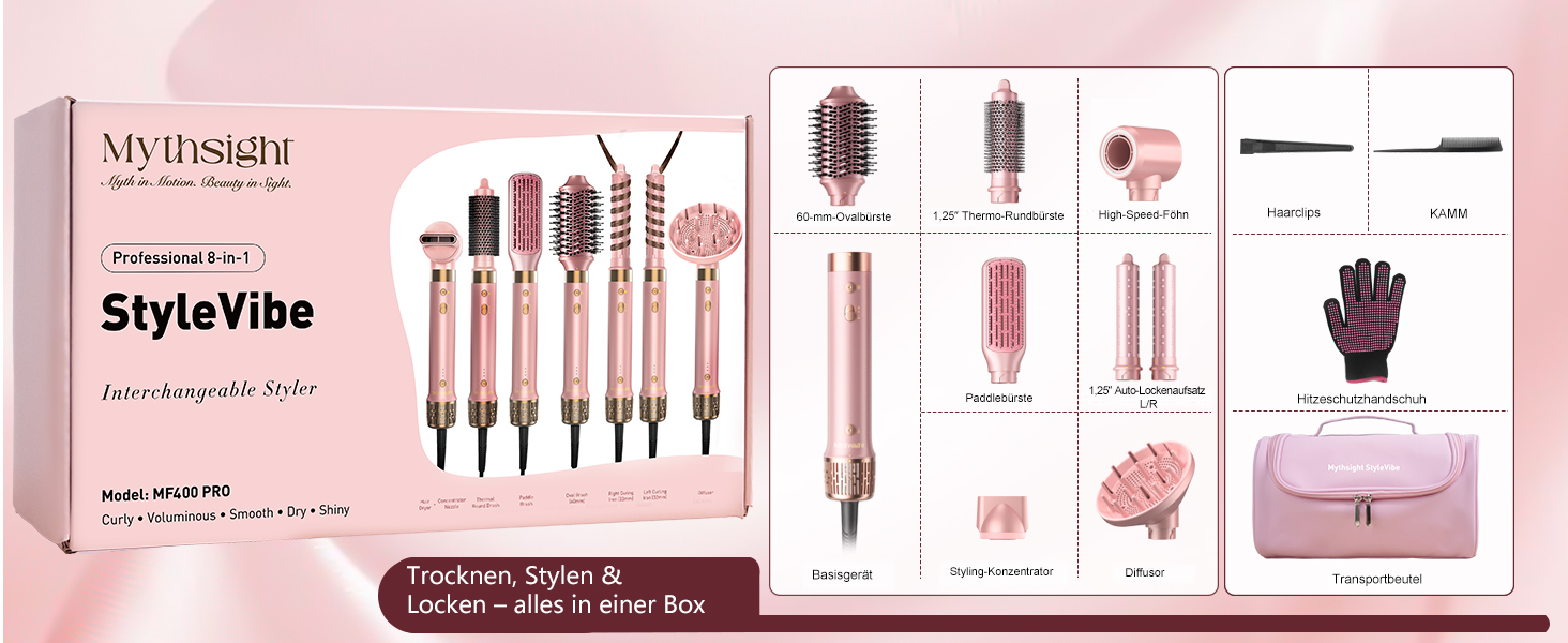 8-в-1 Airstyler: Фен-щітка для волосся з автоматичною насадкою для локонів, етикеткою Pink. Швидке сушіння, об'єм та без пошкоджень. У комплекті сумка для подорожей.