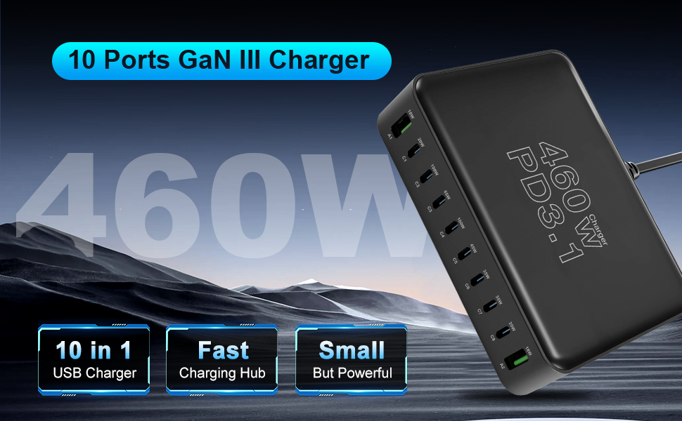 Зарядний пристрій USB-C 460W, 10 портів, PD 3.1 100W/45W/35W/20W для MacBook, iPad, iPhone, HP, Samsung Galaxy та ін. (Сірий)