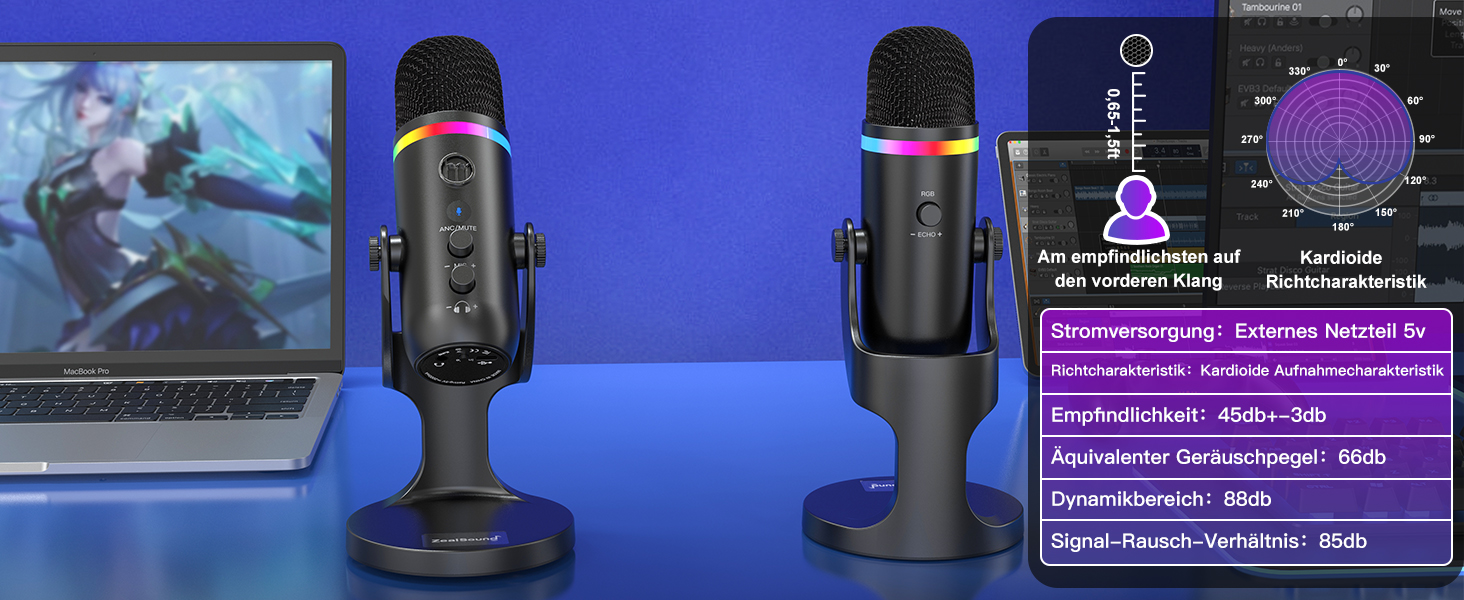 USB мікрофон Zealsound RGB для ПК, iPhone, стримінгу, YouTube, Discord, PS5, Mac. Підтримка USB-C та Lightning, шумозаглушення, Plug & Play