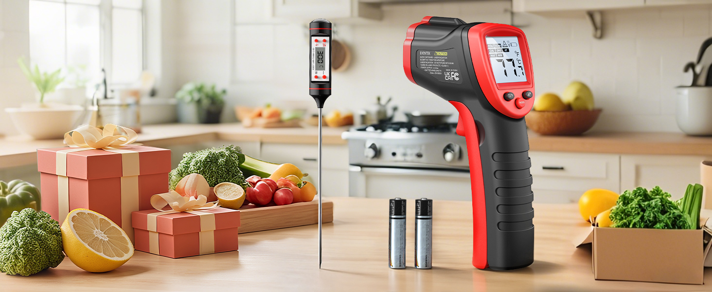 Інфрачервоний термометр Eventek -50°C до 600°C з лазером та LCD дисплеєм. Безконтактний термометр для піци, гриля, приготування їжі та промисловості. Регульований коефіцієнт випромінювання (Не для людей). Червоний з термометром для м'яса 304.