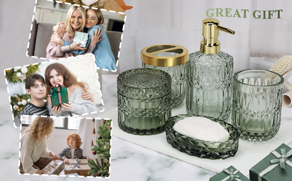 Набір аксесуарів для ванної кімнати 5 предметів, чорний дозатор для мила та лосьйону, мильничка, підставка для зубних щіток, стаканчик, склянка для ватних паличок, прозорий скляний бокс (Зелений)