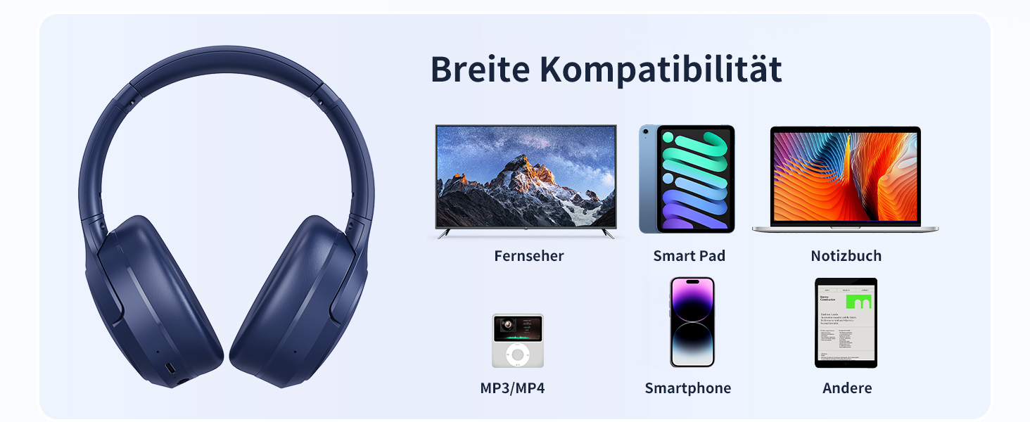 RUNOLIM Бездротові навушники Over-Ear з активним шумозаглушенням, Bluetooth, 70 годин роботи, Hi-Res Audio, глибокий бас, 3.5mm аудіокабель (Блакитні)