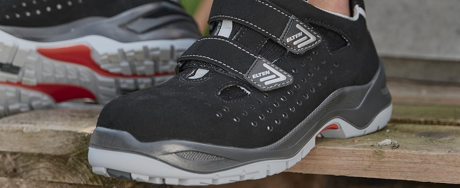 Робочі черевики ELTEN MAVERICK чорно-червоні Mid ESD S3, чоловічі та жіночі, шкіряні, з металевим носком, легкі, спортивні, розмір 40 EU