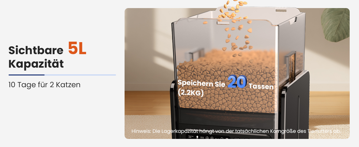 Автомат годівлі для котів з керуванням через додаток, для 2 котів, регульована висота, 2 миски, 5 л, з функцією запису голосу та таймером