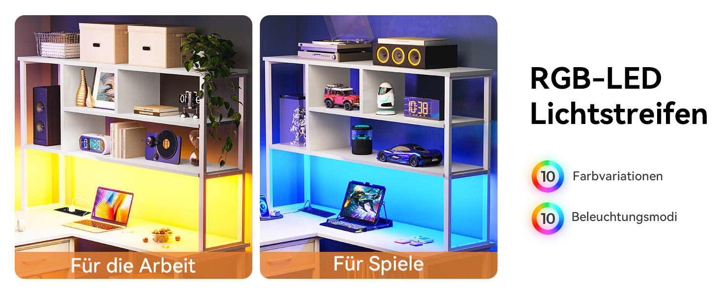 Комп'ютерний стіл Coleshome з 5 шухлядами та 4 полицями 180x100 см, L-подібний стіл з LED-підсвіткою, розетками та USB, великий стіл для home office, білий